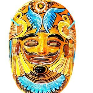 Mexican Market Pottery hand painted‎ Red Clay Mexican Face Mask art deco vintage